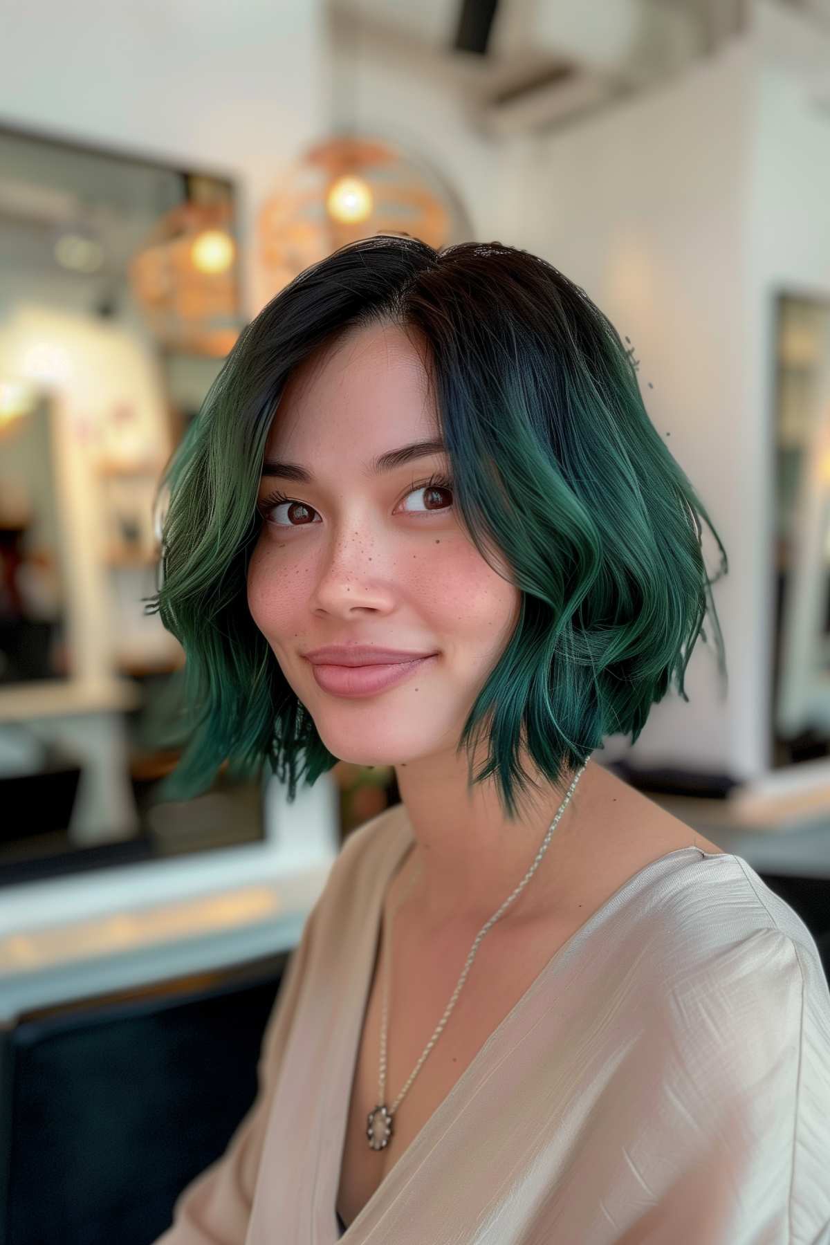 Edgy green bob hairstyle for thick hair