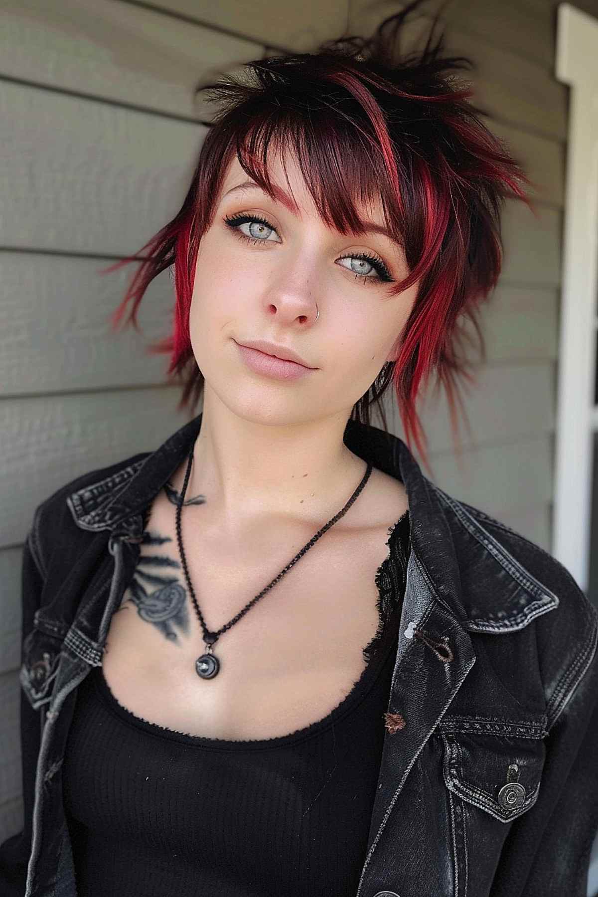 Edgy grunge pixie cut with red highlights and choppy layers