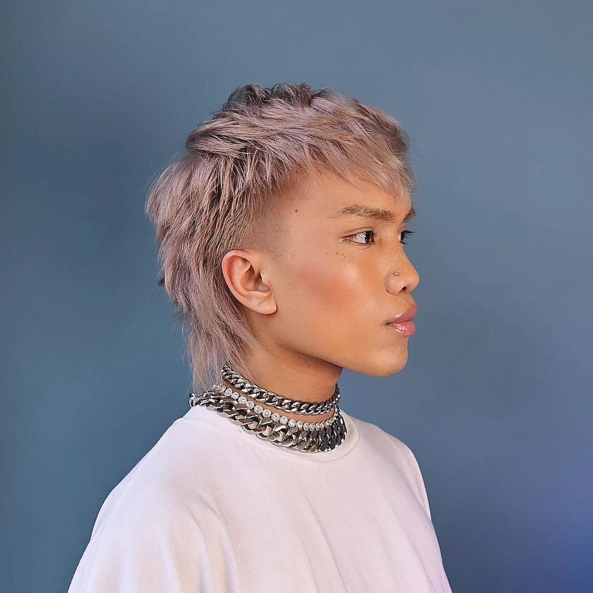 Edgy lavender mullet with choppy textured layers on fine to medium hair