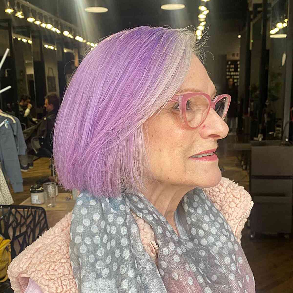 Edgy Light Lavender Purple Bob for Older Ladies with glasses