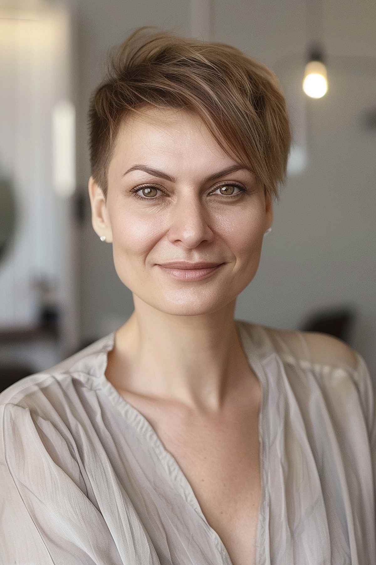 Edgy long pixie cut with side part and longer top layers