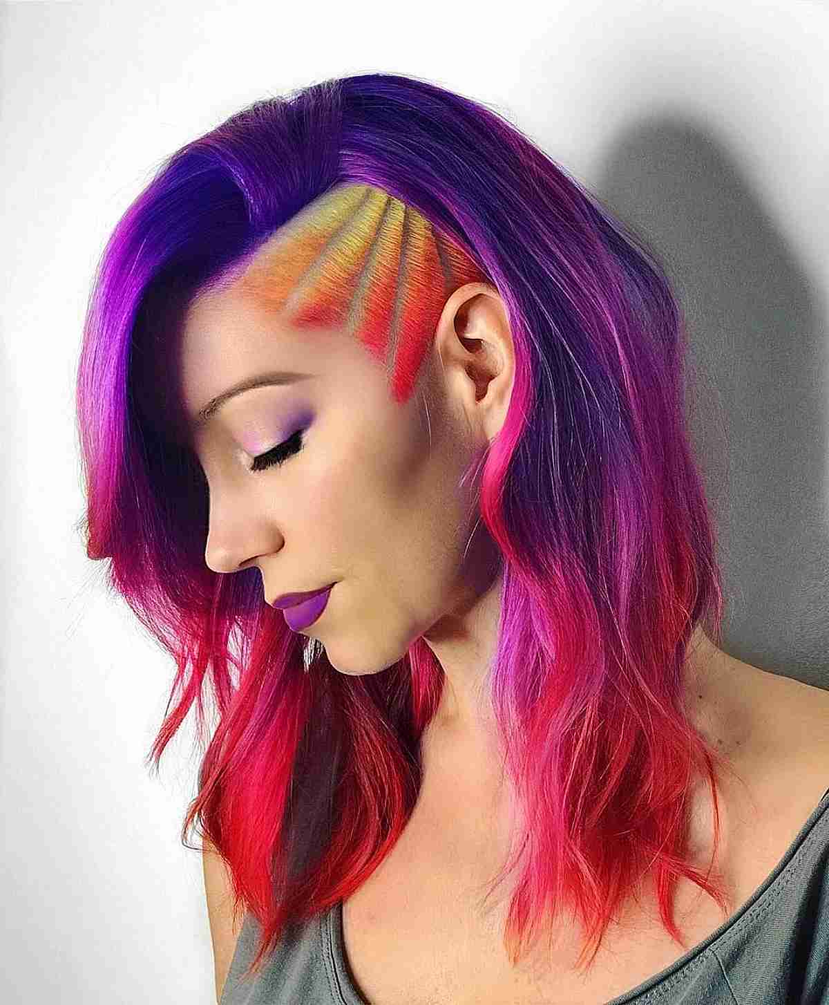 Edgy Medium-Length Rainbow Hair with Shaved Designs