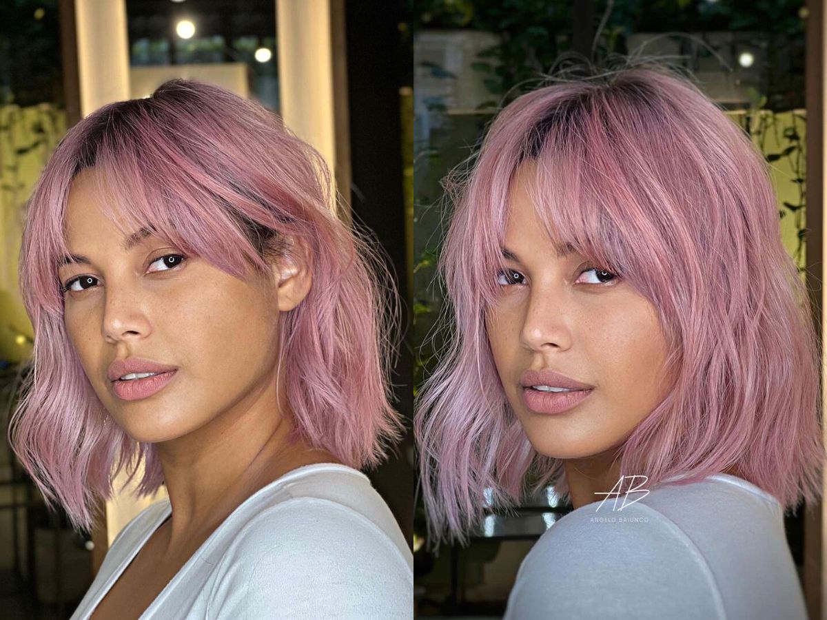 Edgy Pink Lob with Middle Part waterfall Bangs