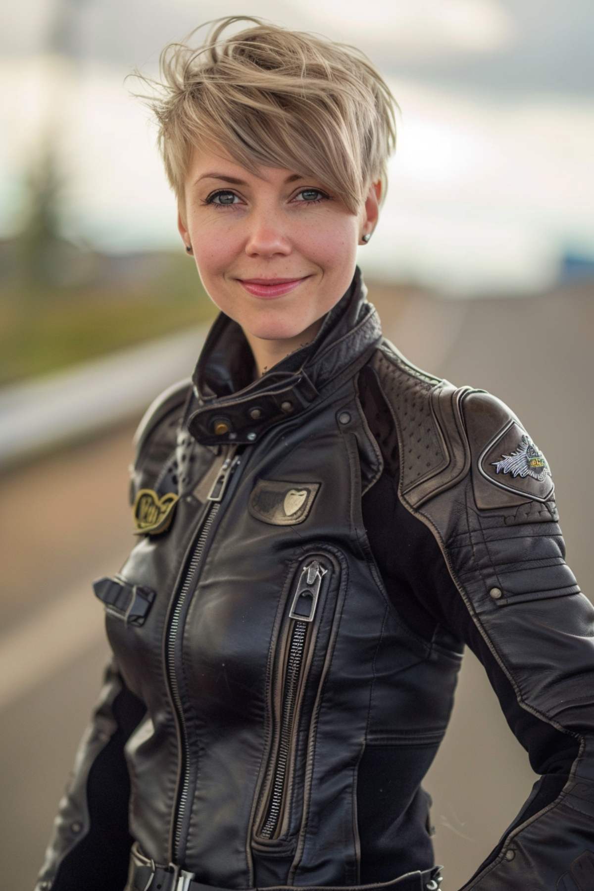 Woman with an edgy pixie cut in a biker jacket