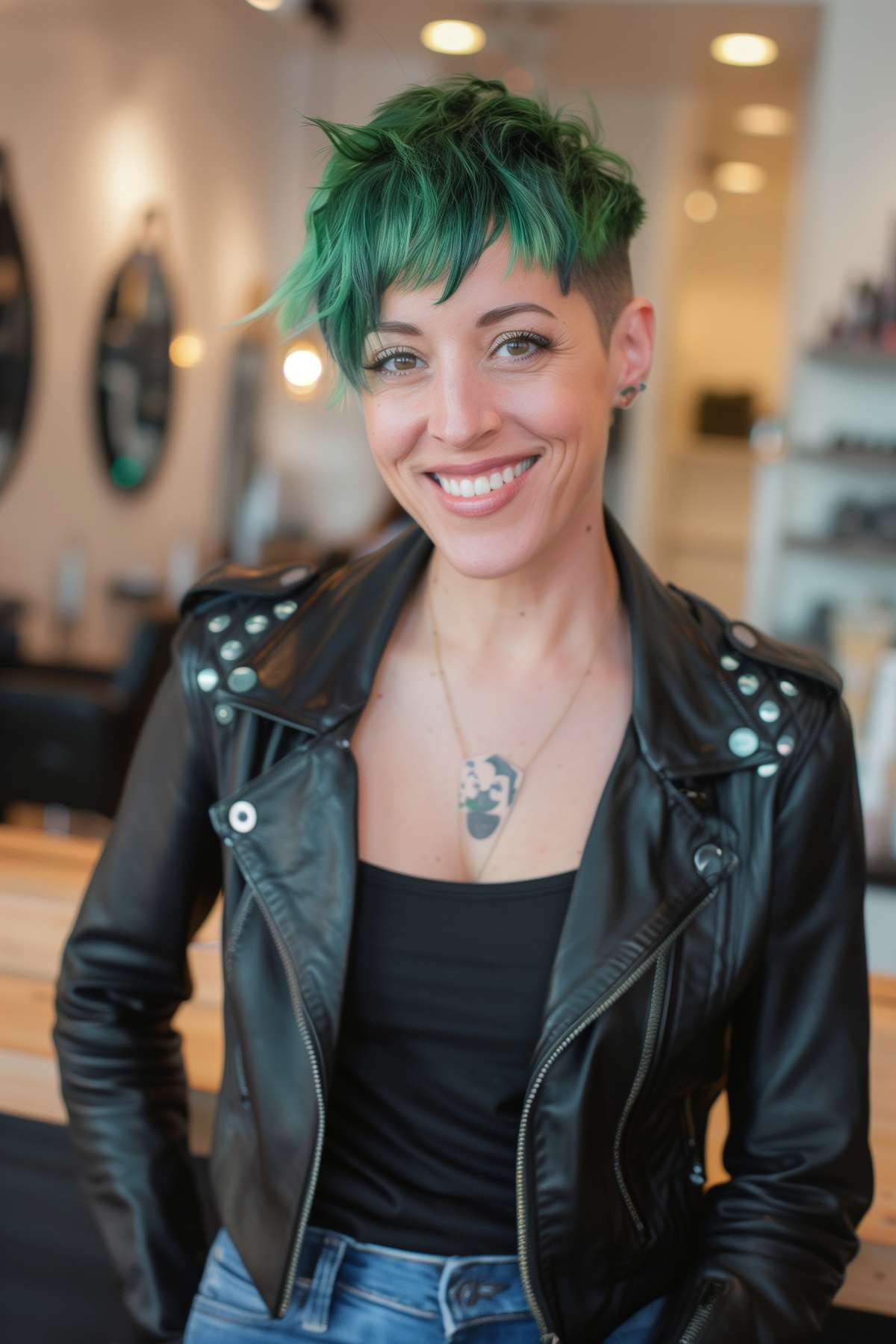 Edgy pixie cut with undercut and bright green hair