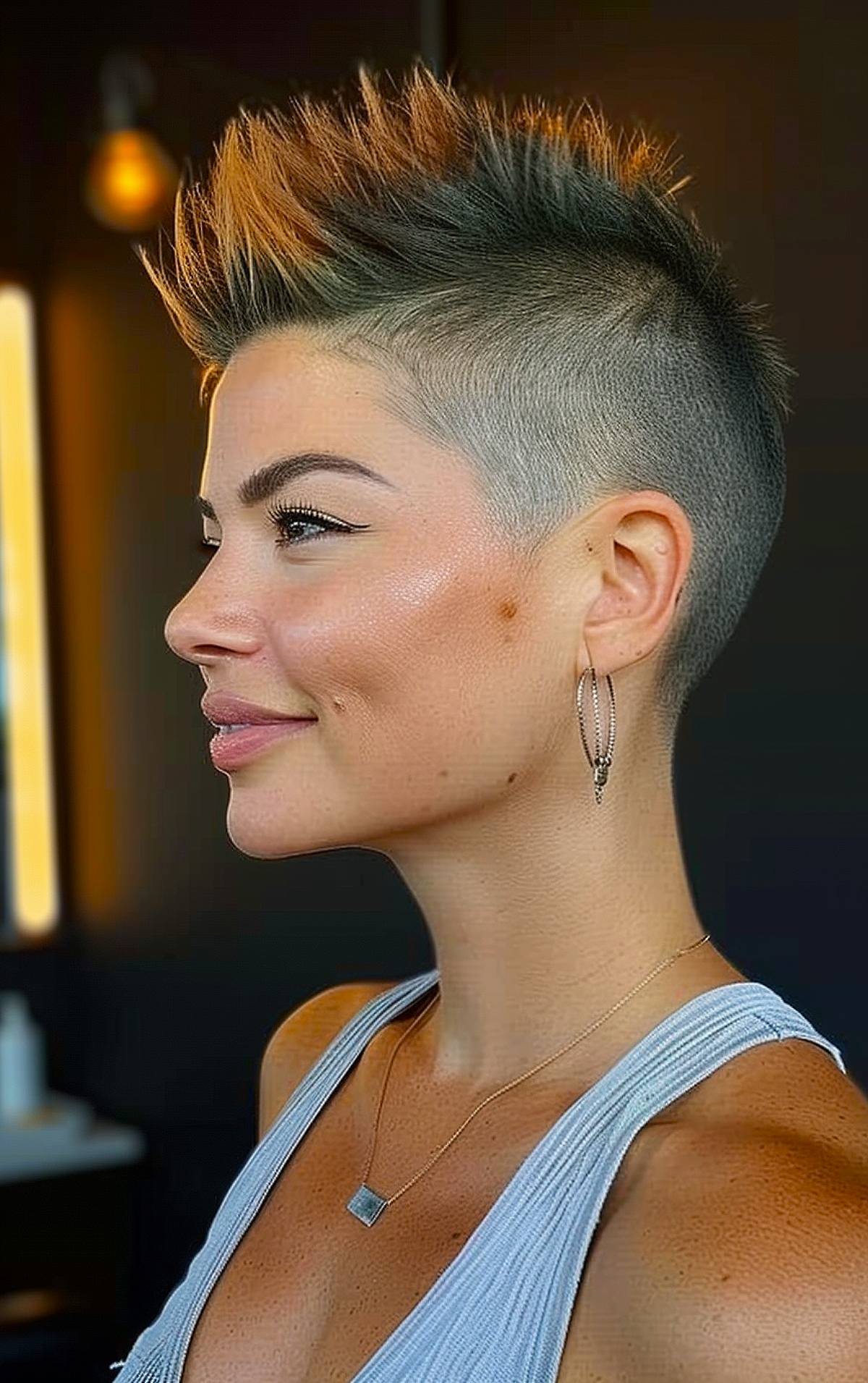 Edgy pixie hairstyle with spiked top and shaved sides for thick straight hair