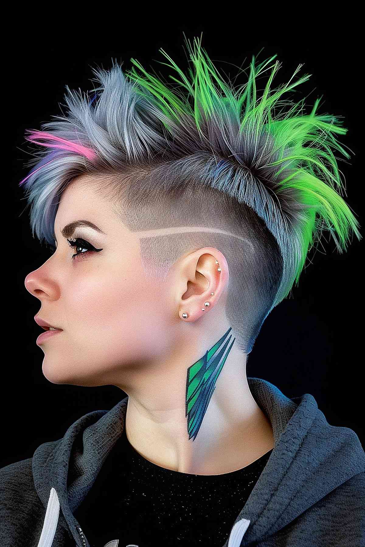 Edgy pixie cut with electric green, pink, and blue highlights and a precisely shaved side featuring a triangular design, perfect for a bold, low-maintenance style.