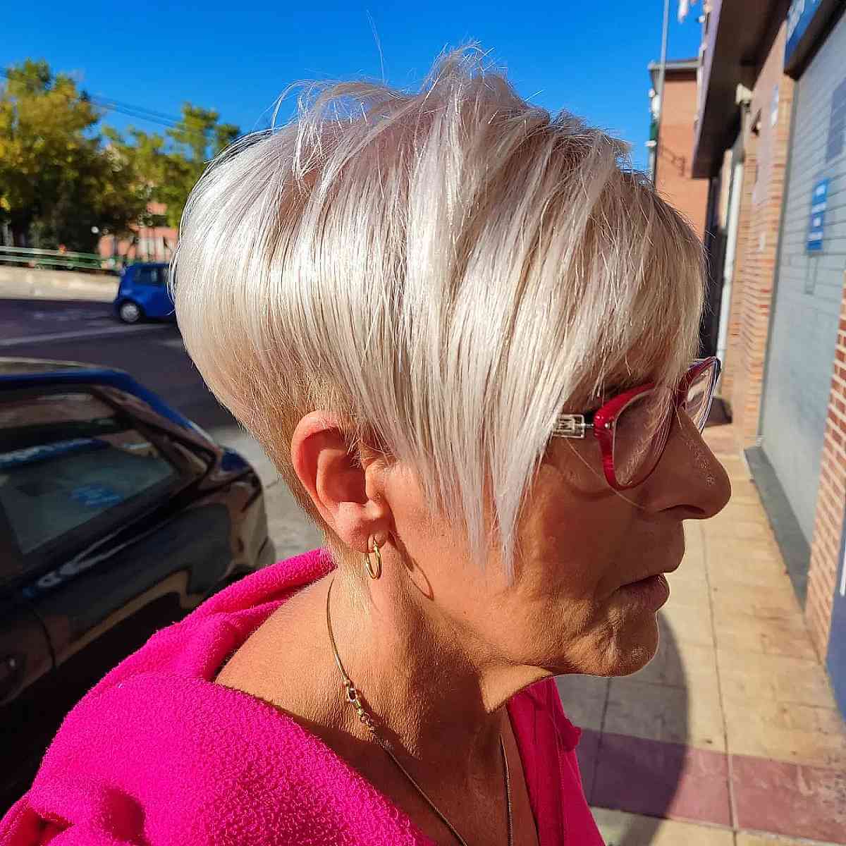 Edgy Platinum Asymmetric Pixie for a 60-Year-Old
