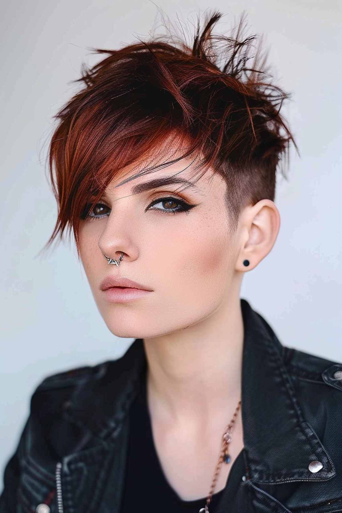Edgy punk pixie cut with dramatic side-swept bangs in fiery red and deep brown, designed to add volume and accentuate facial features.