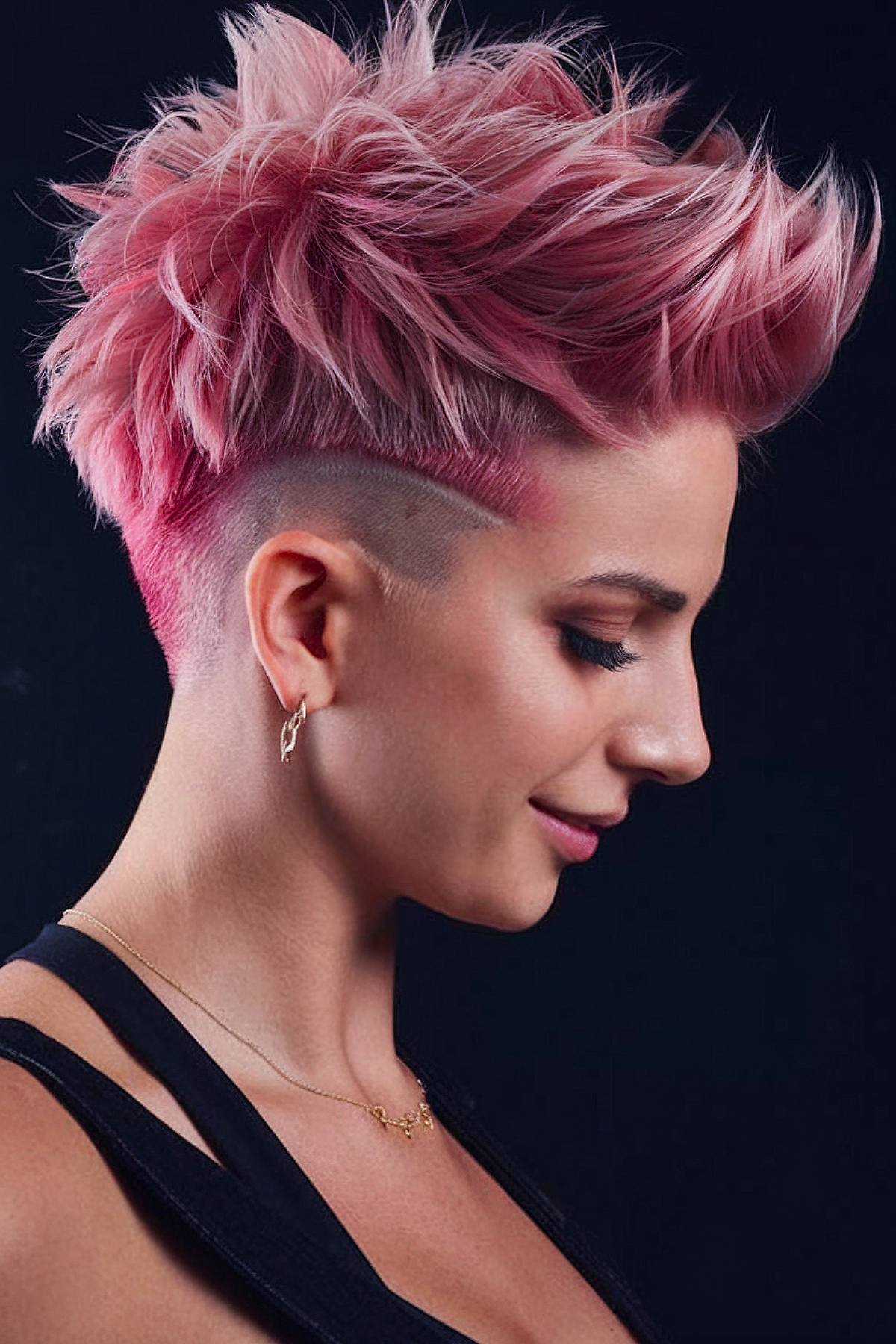 Punk short spiky haircut with pink color and undercut