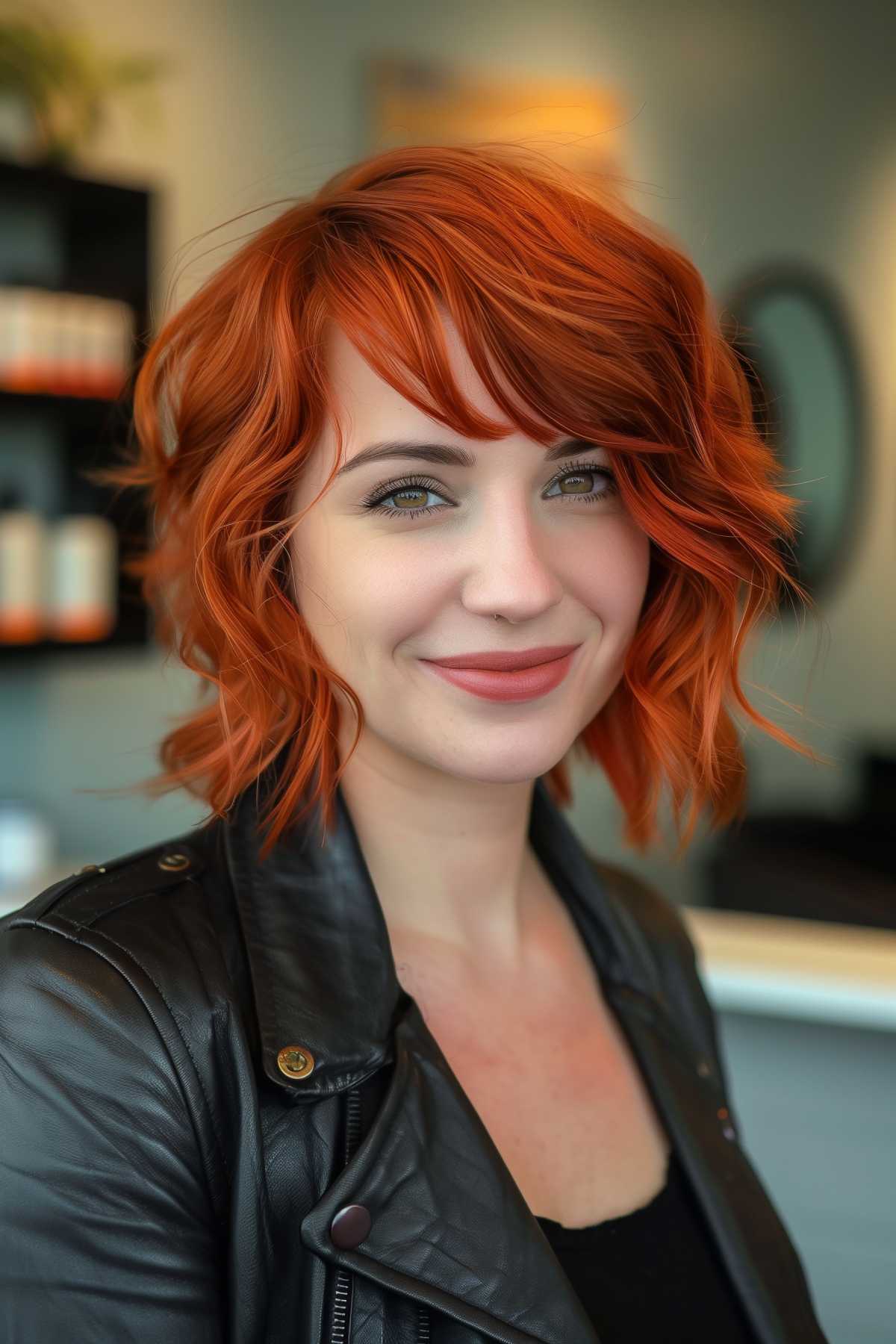 Choppy bob with fringe in vibrant copper, perfect for thick hair