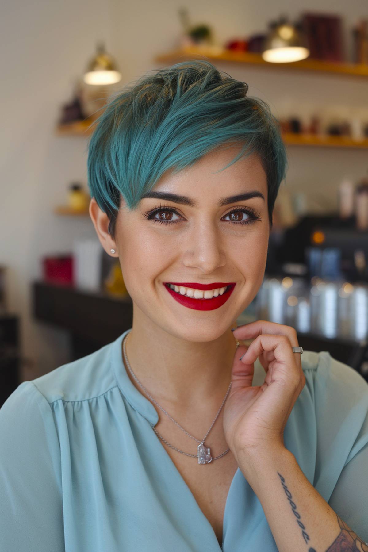 Edgy short pixie with choppy layers and volume, perfect for thick hair