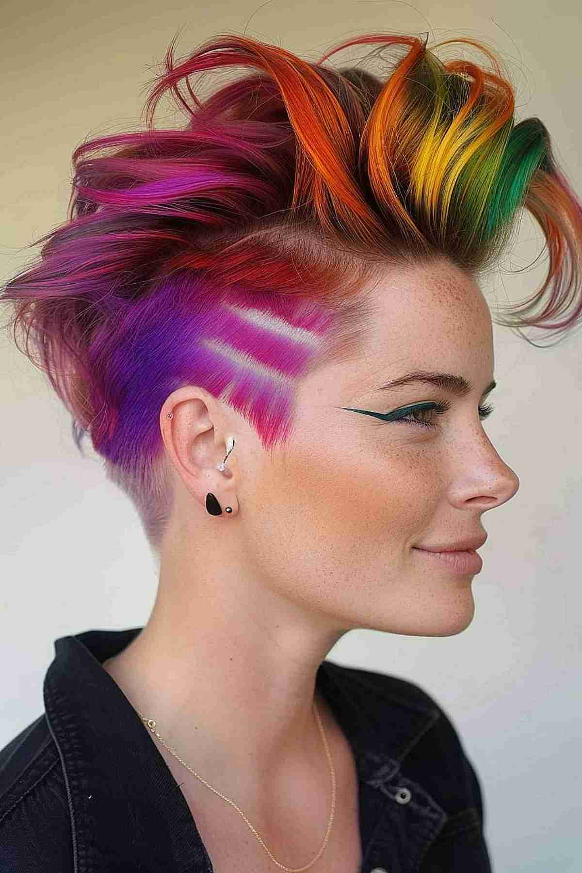 Edgy asymmetrical short haircut with vibrant rainbow colors and creative buzz-cut pattern