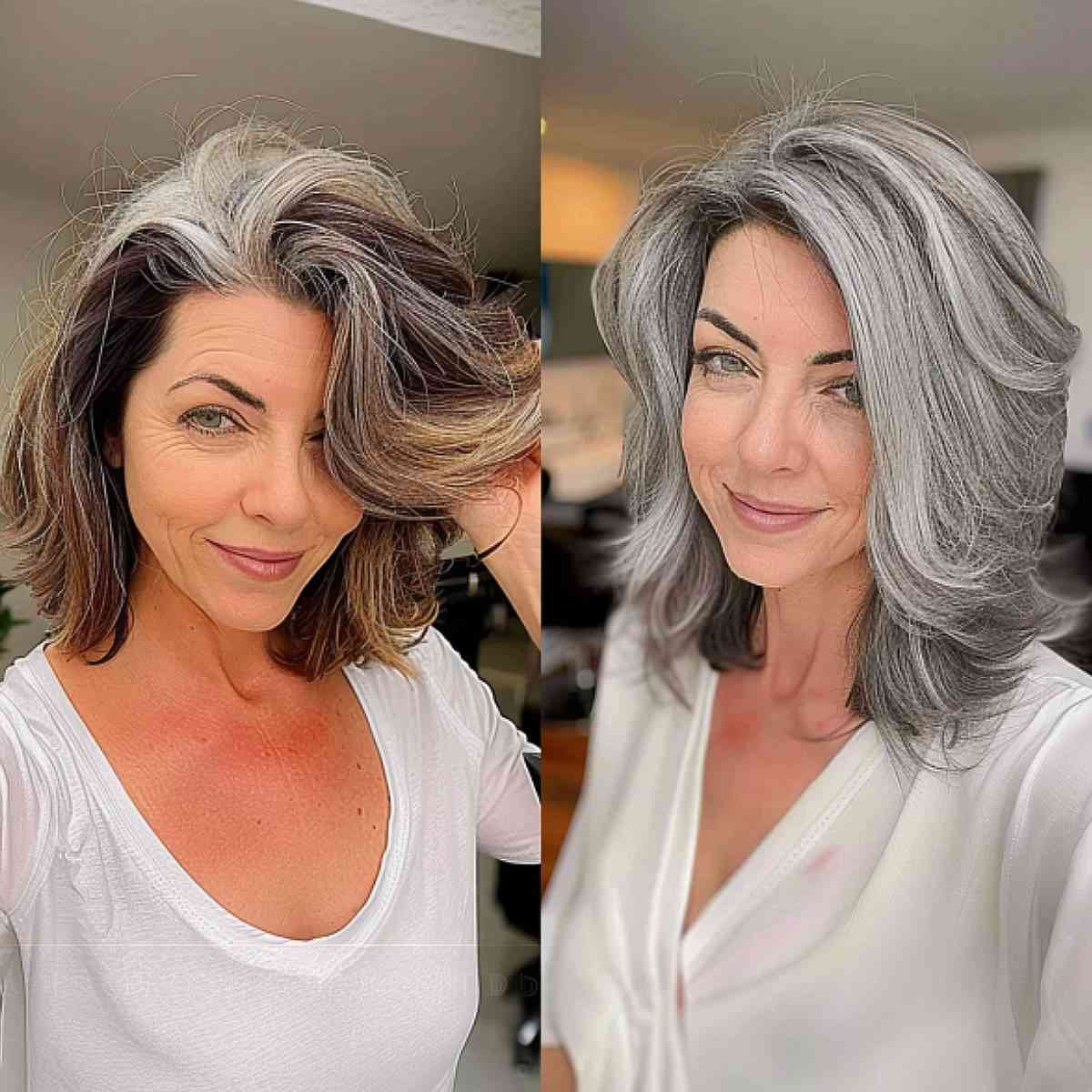 Chic silver layered hair with dark roots for a mature, sophisticated makeover.