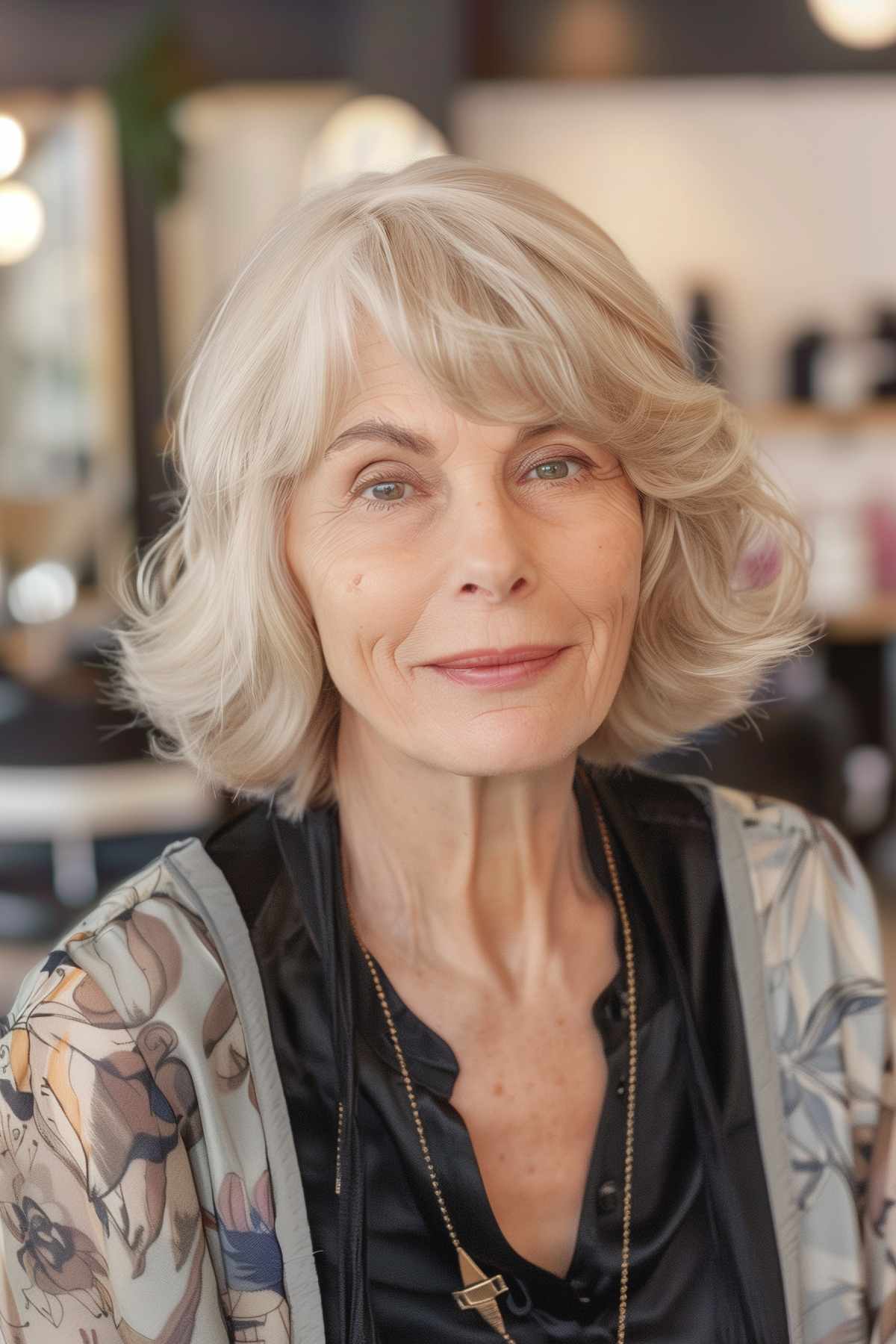 Older woman with edgy textured bangs and layered hair