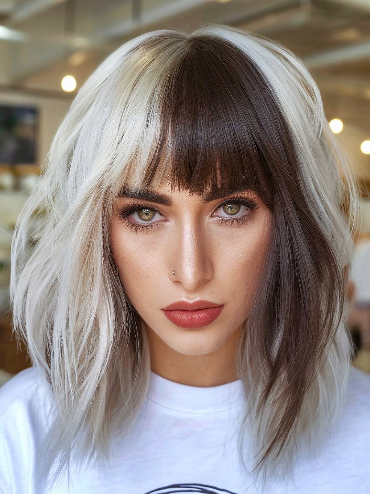 Two-tone bob hairstyle with dark brown roots and platinum blonde ends with blunt bangs