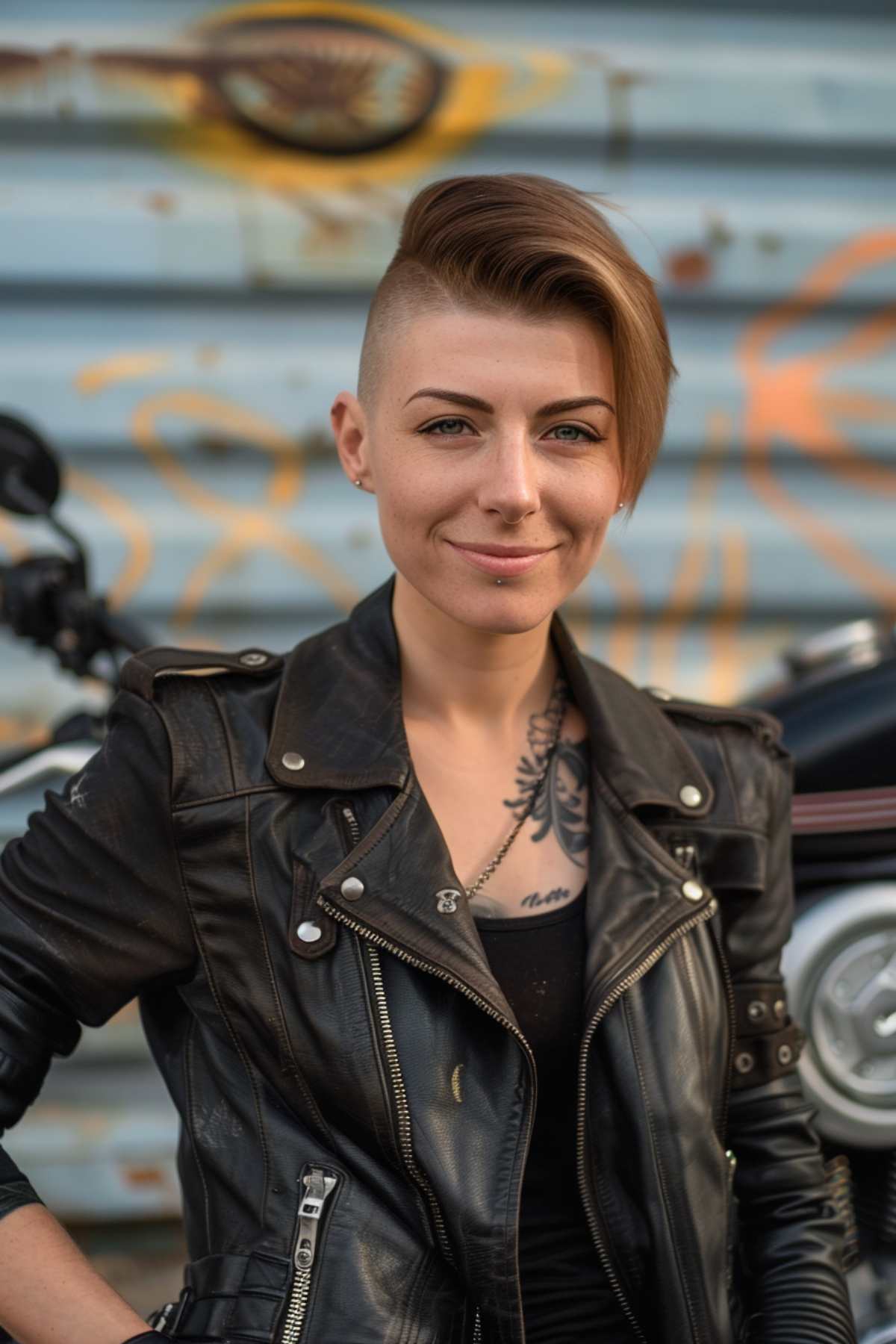 Woman with an edgy undercut hairstyle in biker gear