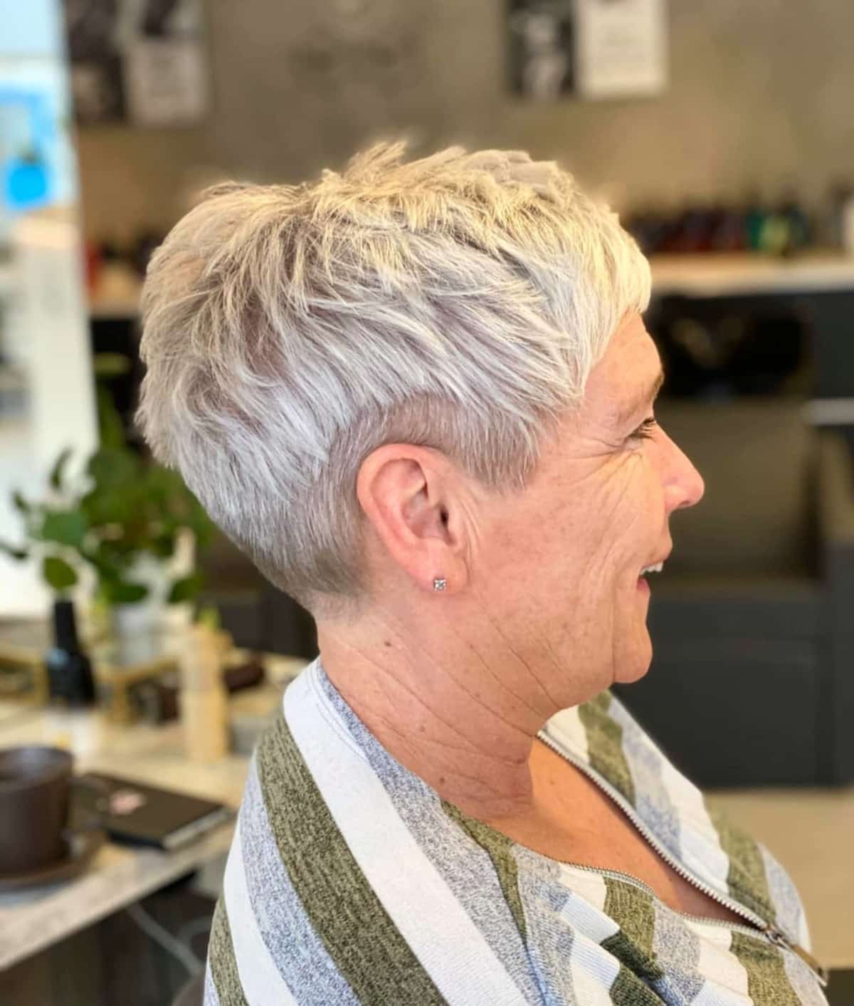 Edgy undercut pixie for grey-haired women