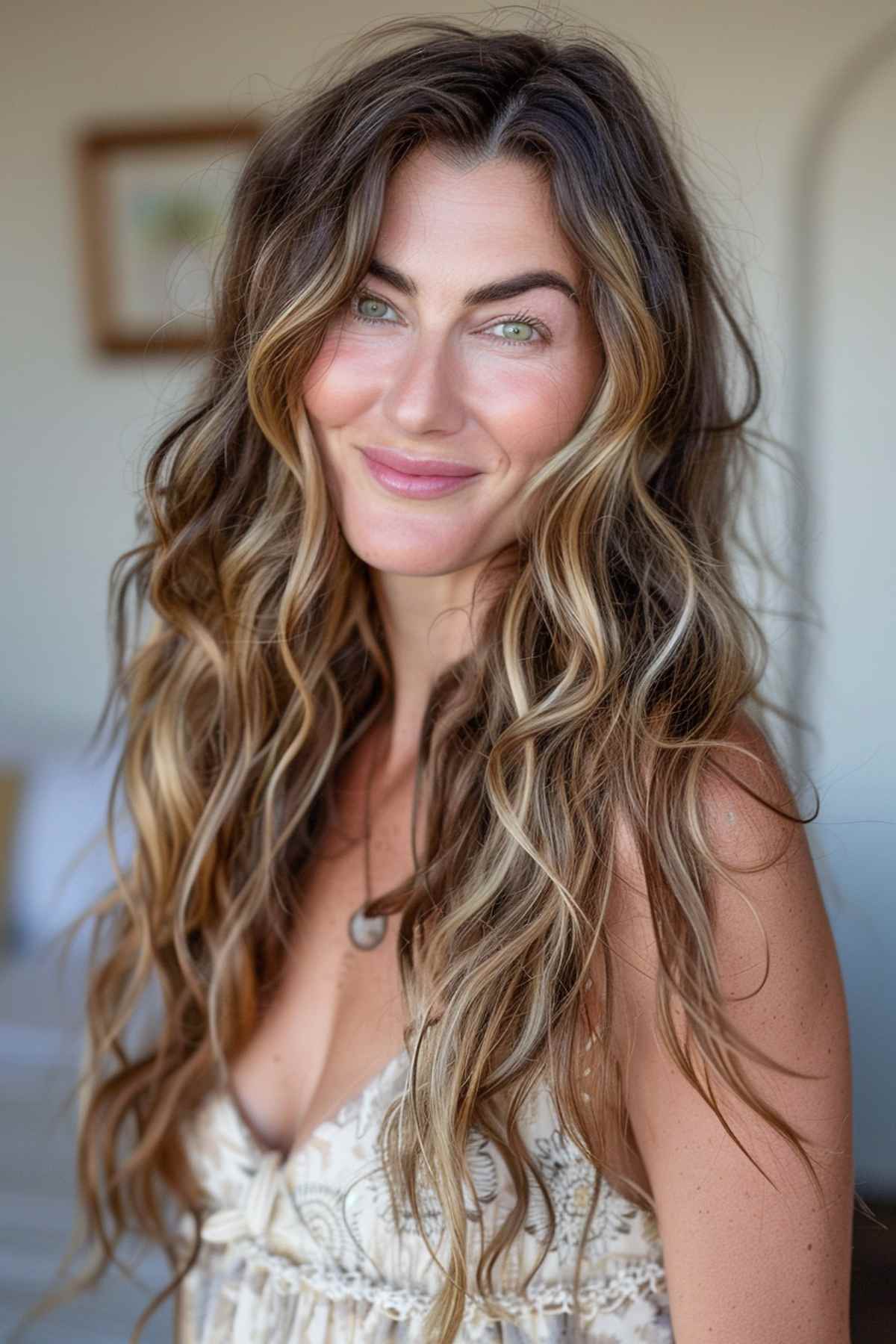 Woman with long hair styled in effortless beach waves with subtle highlights