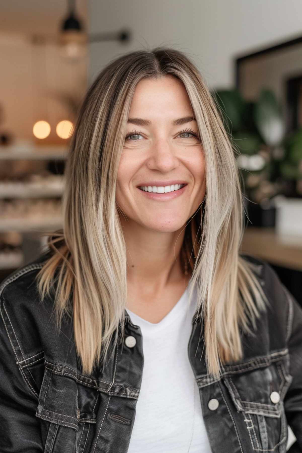 Woman with medium-length blonde balayage hairstyle