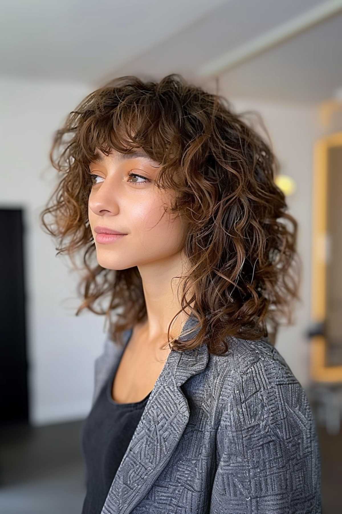 Effortless curly shag haircut with bangs and layered curls