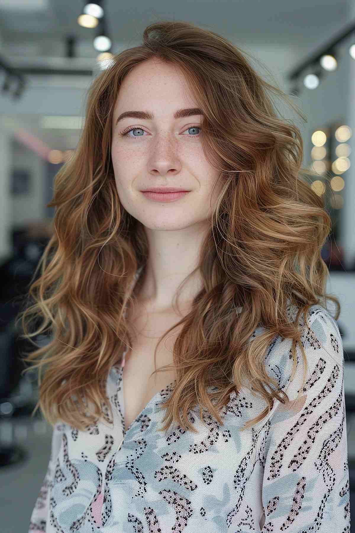 Woman with shoulder-length wavy hair styled in a digital perm for thin hair