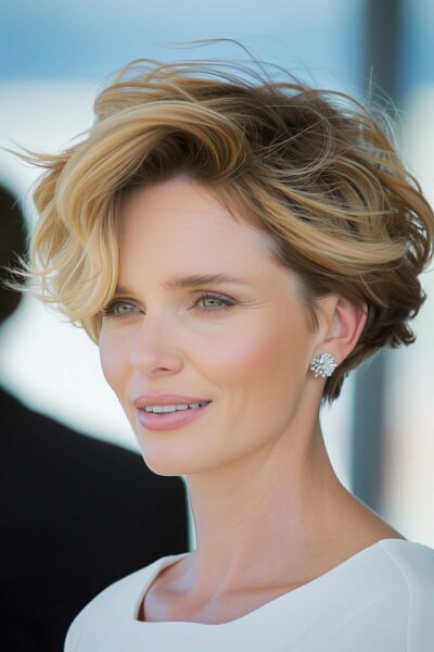 A Short Tousled Wavy Wedged Hairstyle with Soft Highlights