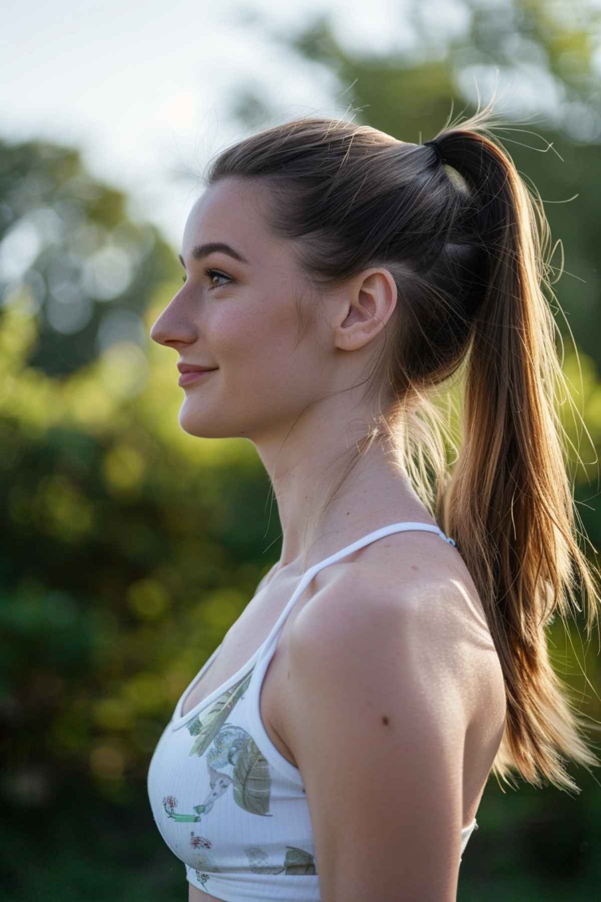 Woman with long hair in a high ponytail hairstyle, suitable for hot weather