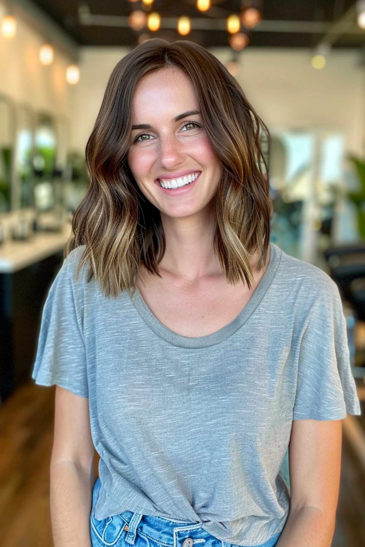 Effortless long bob with subtle highlights on medium-density hair