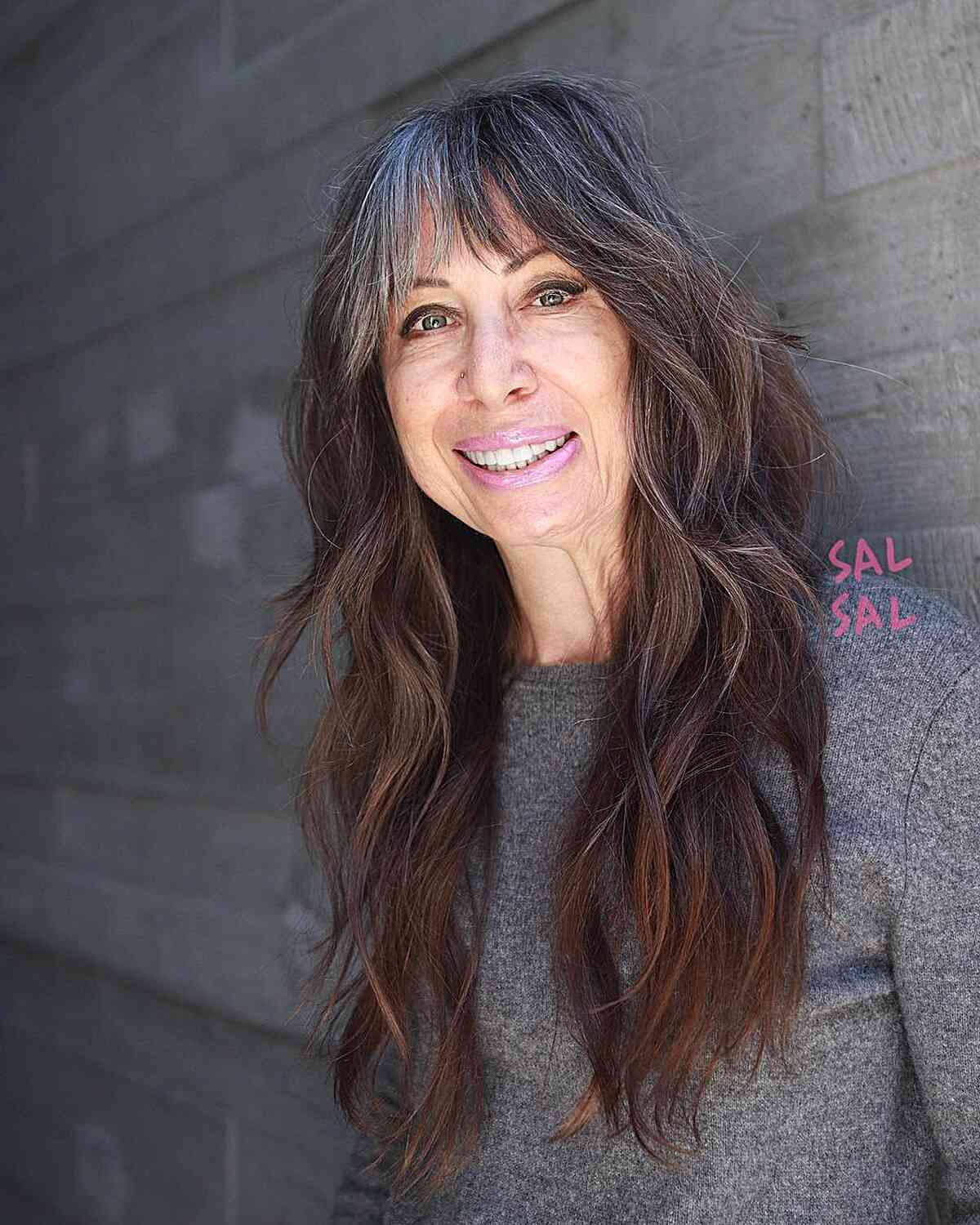 Effortless Long Shag with Grey Bangs and layers on women with long faces