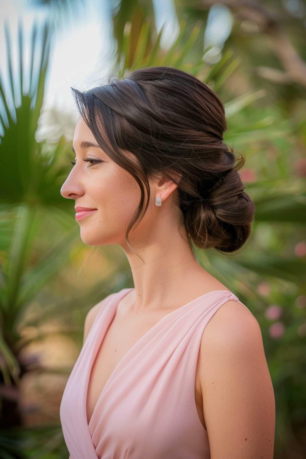 Woman with an effortless low bun, ideal for both casual and formal events