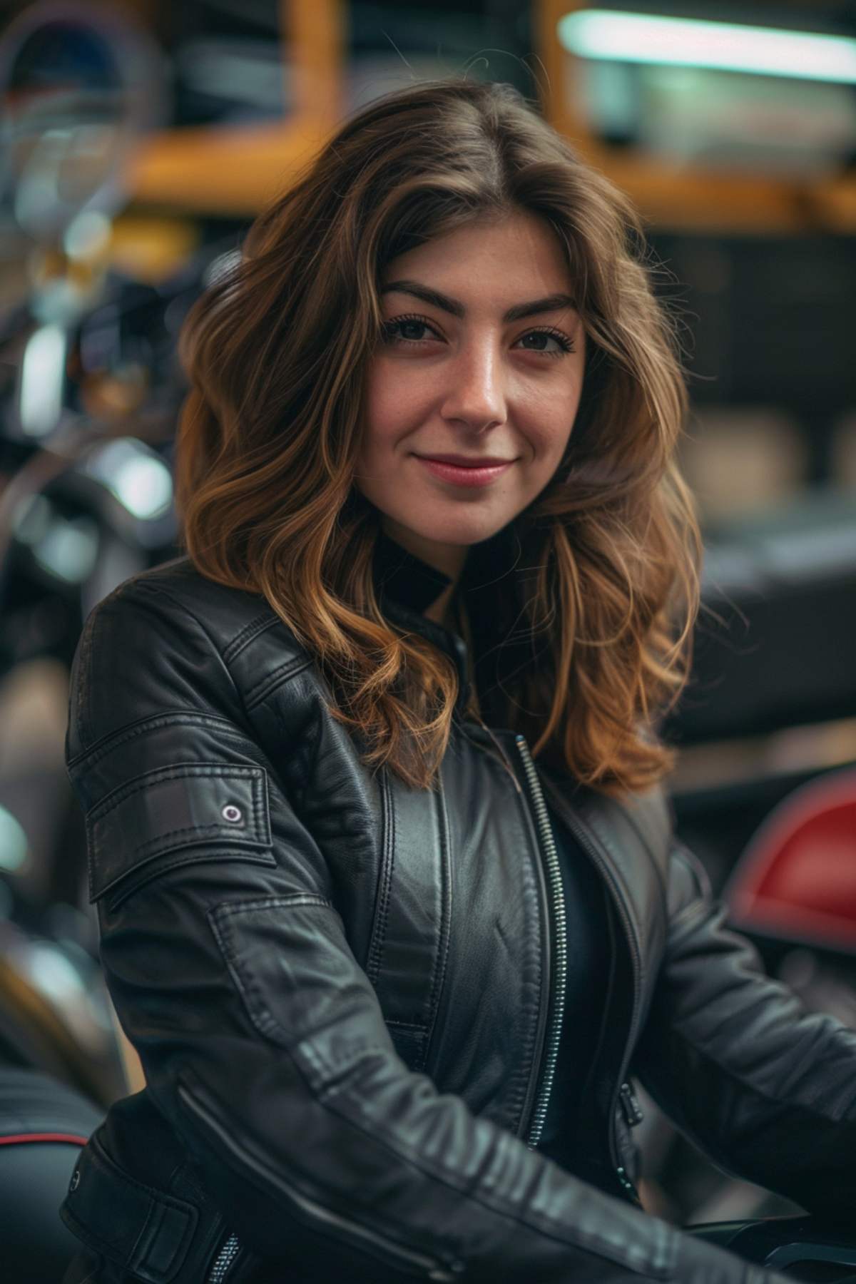 Woman with effortless medium waves in a biker jacket