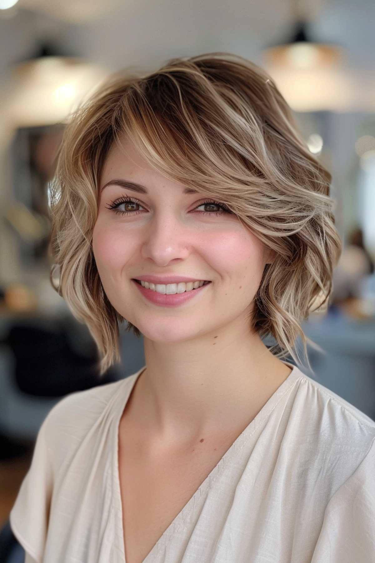 Effortless messy bob with light feathered fringe and side part