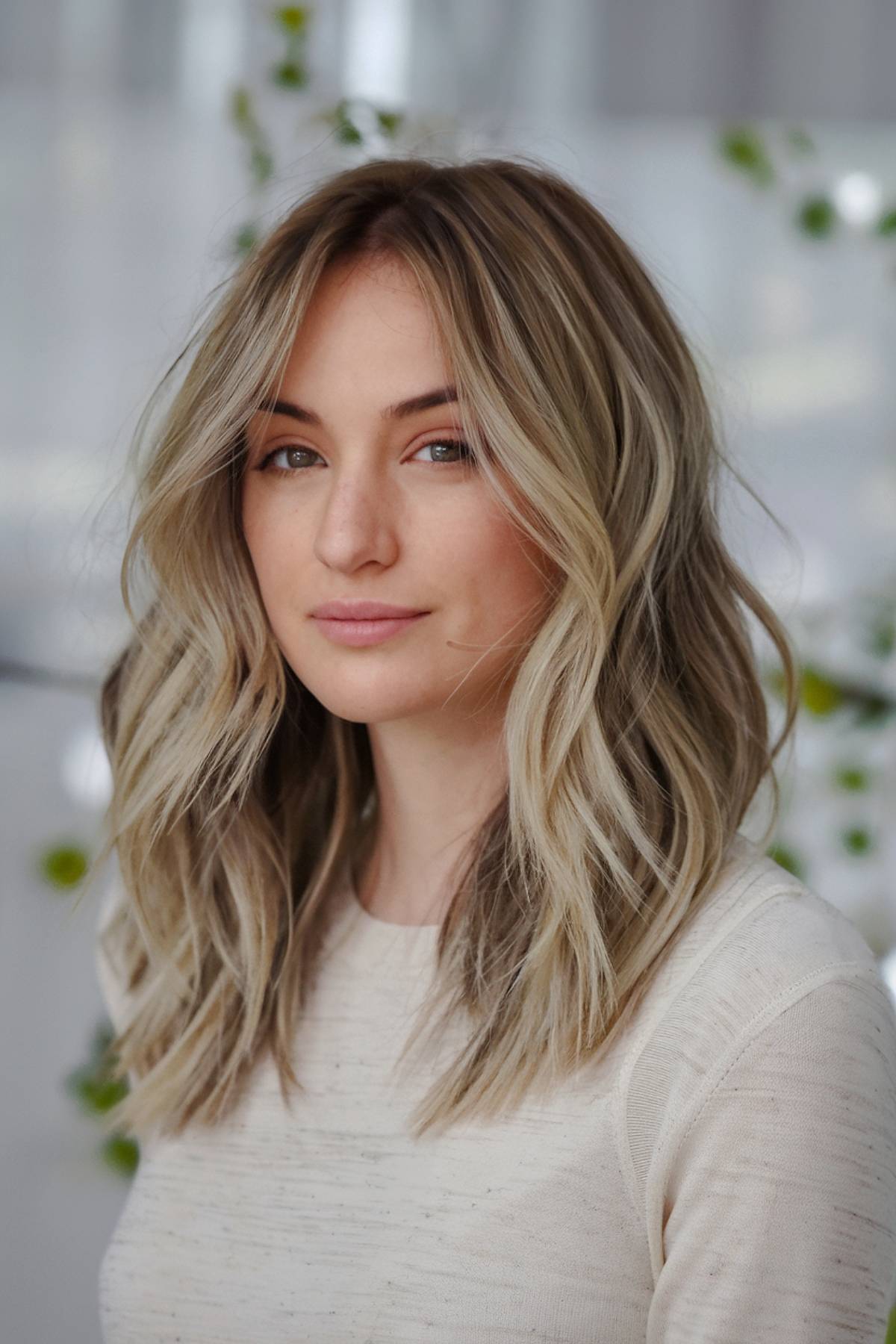 Softly layered medium-length haircut with blended blonde tones and face-framing layers