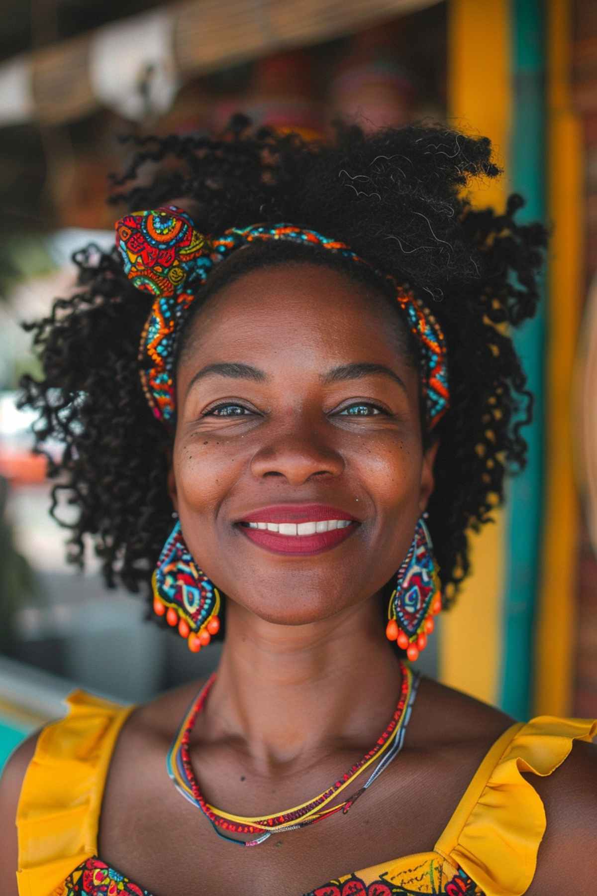 Black woman with natural curly hair and colorful headband for summer