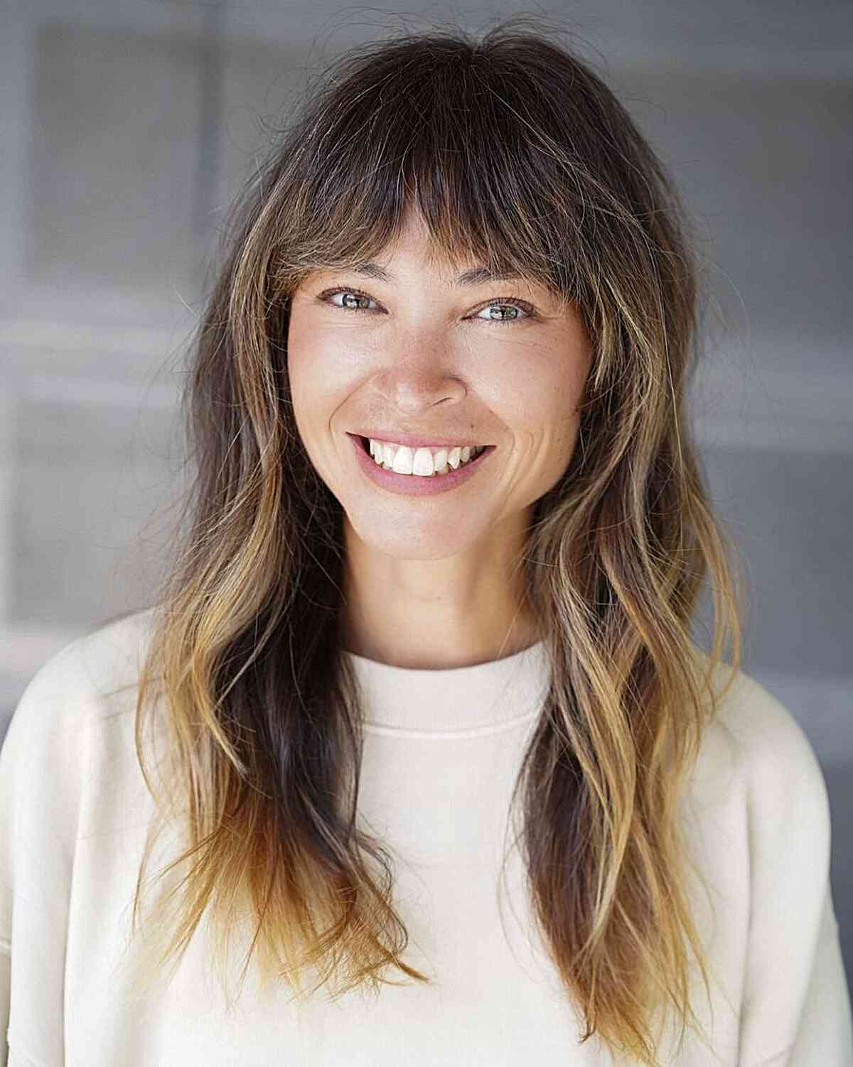 Effortless Ombre Hair and Bangs for square face shapes and for ladies with mid-length hair