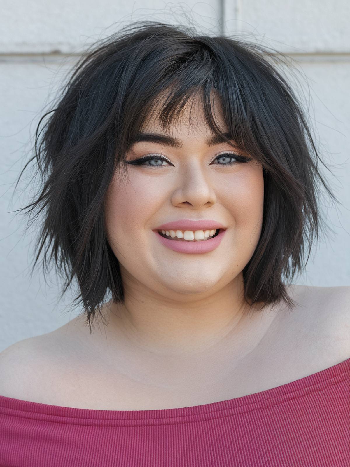 Shaggy bob haircut with choppy layers and curtain bangs for plus size women