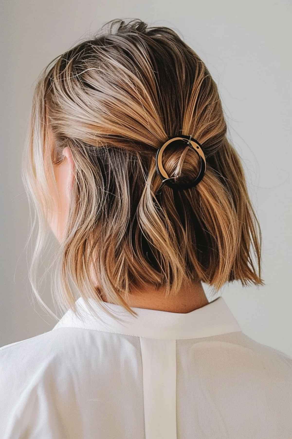 Effortless short hair updo with circular clip for hot weather