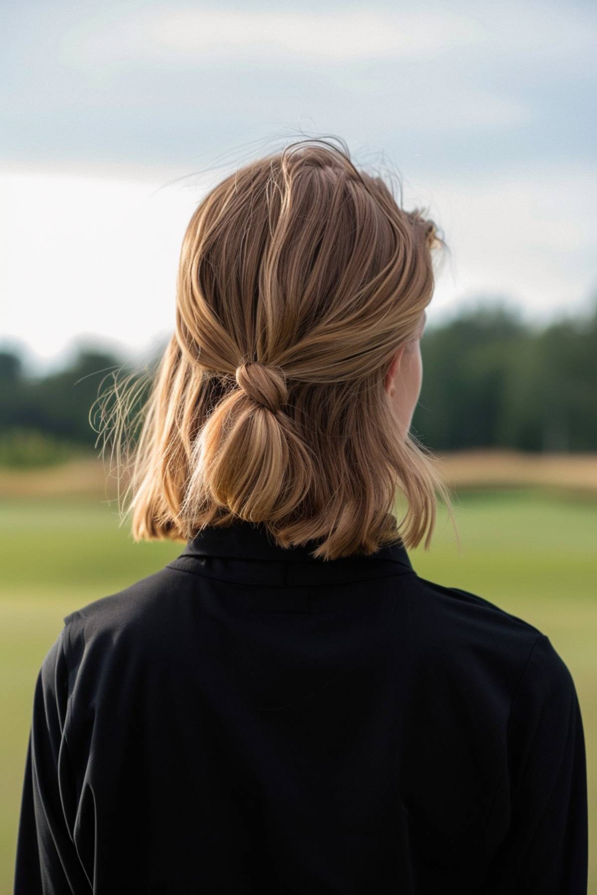 Woman with short hair in a knot, golfing hairstyle