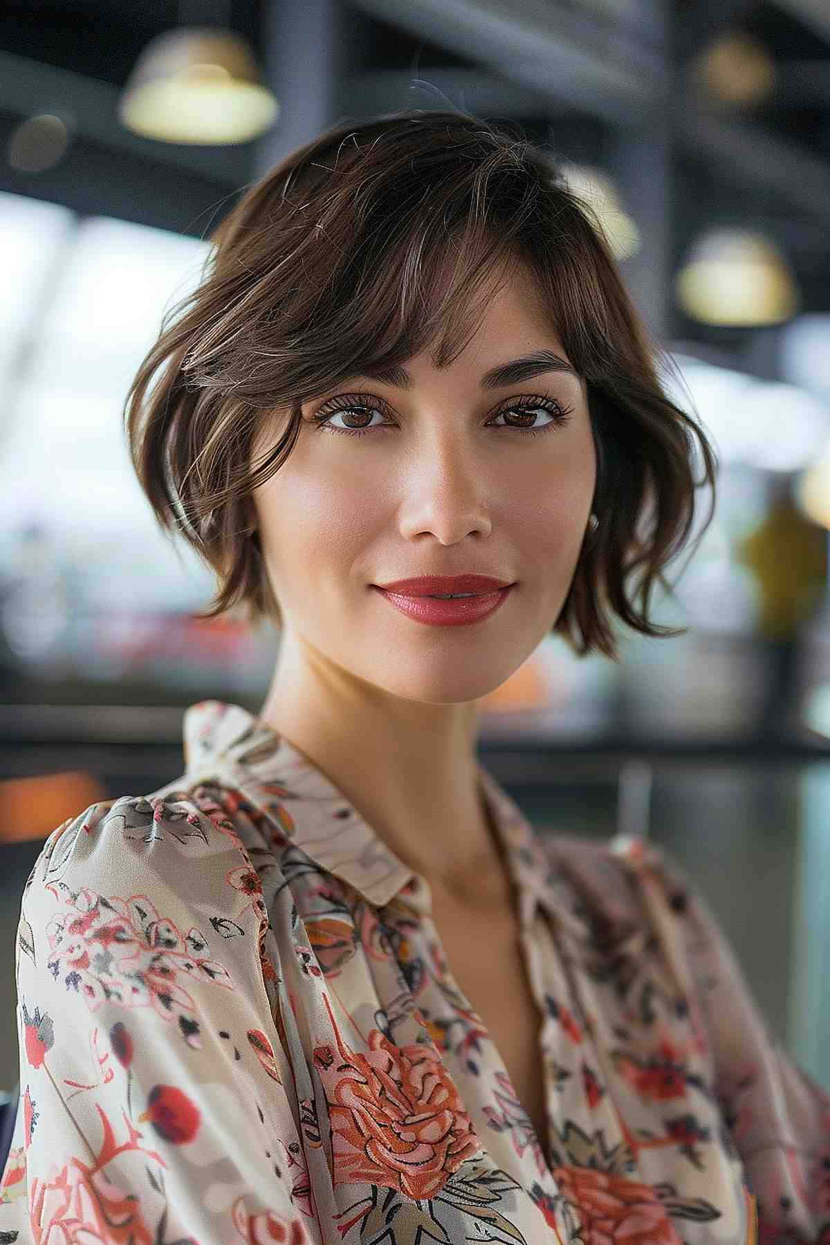 Effortless short tousled bob hairstyle with soft layers and side-swept bangs