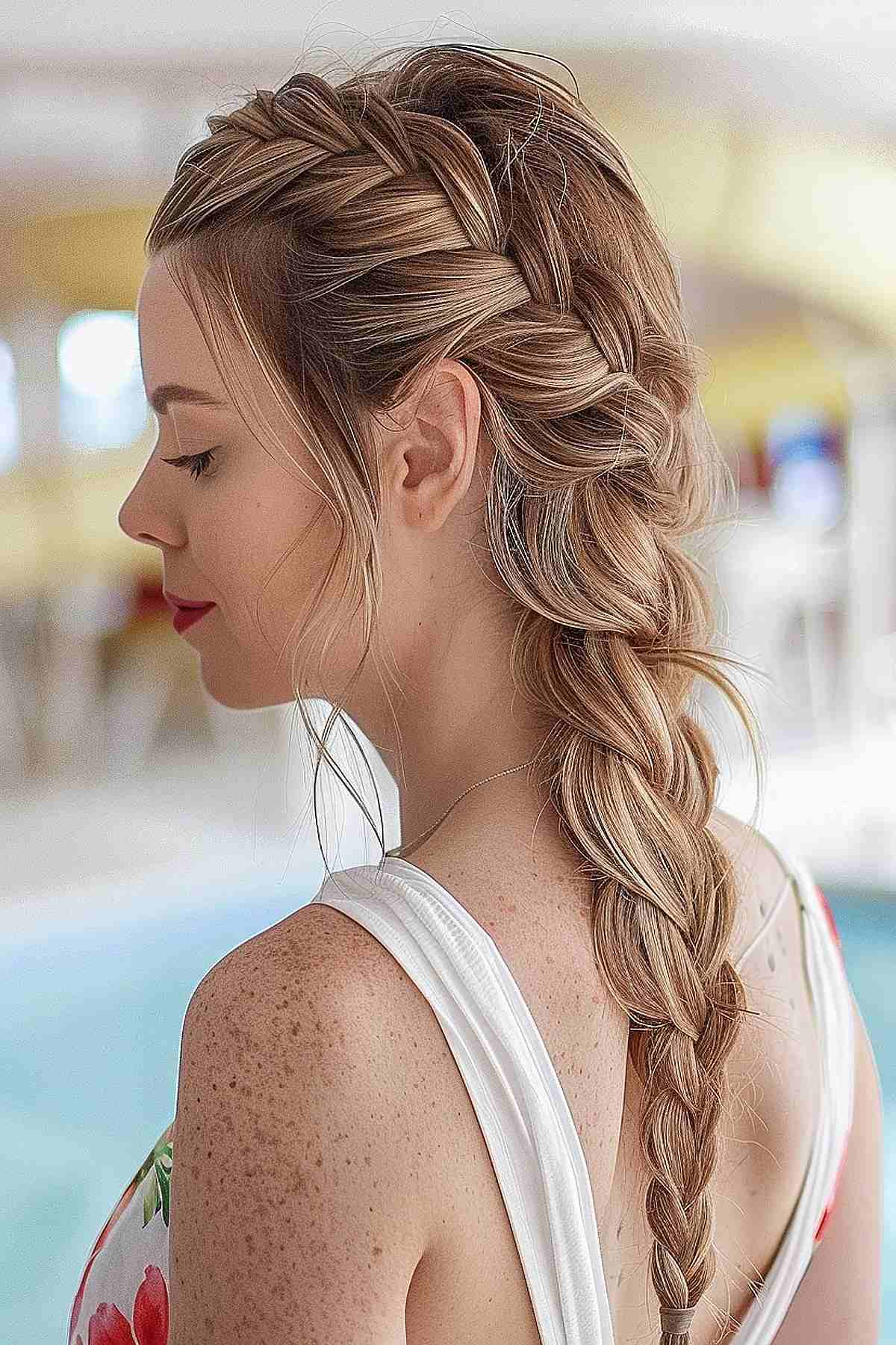 Side view of a woman with an effortless side braid, perfect for medium to long hair at the waterpark