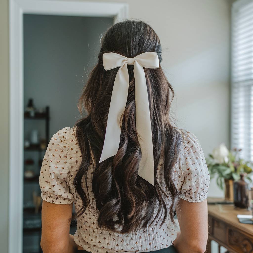 Half-up long spring hairstyle with soft waves and oversized cream bow accessory