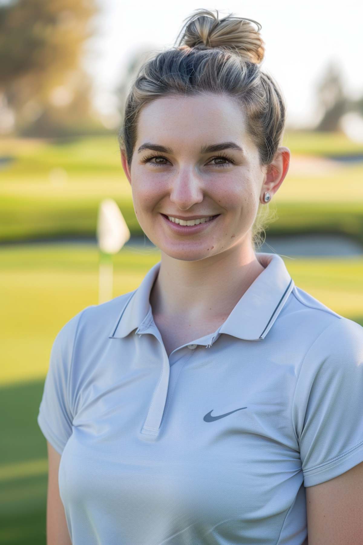 Woman with effortless top bun, golf hairstyle