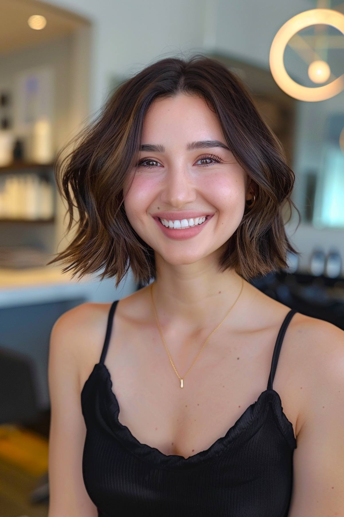 Unstyled short layered bob with tousled waves and natural brown color