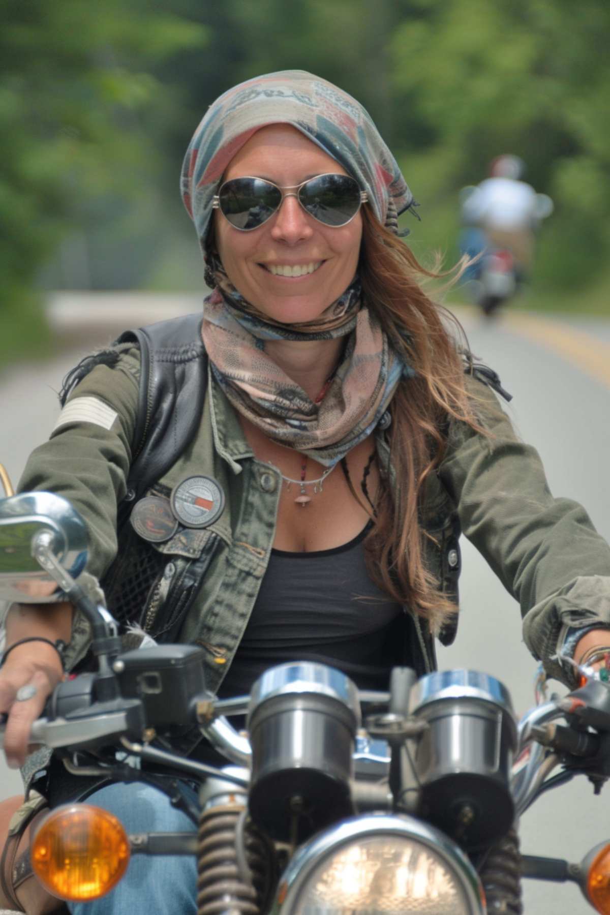 Woman with effortless waves and a head scarf riding a motorcycle