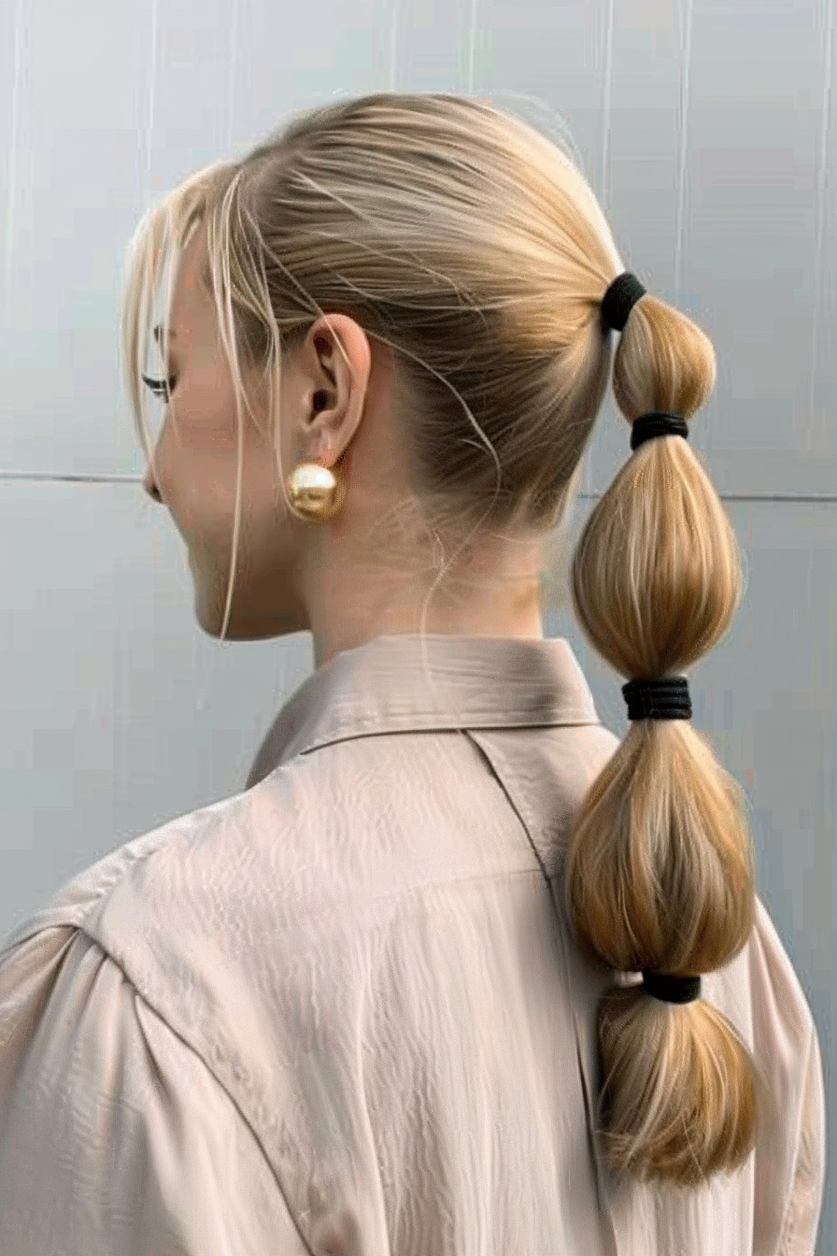 A sleek ponytail with evenly spaced bubble braids for an effortlessly stylish look, ideal for straight, long hair.