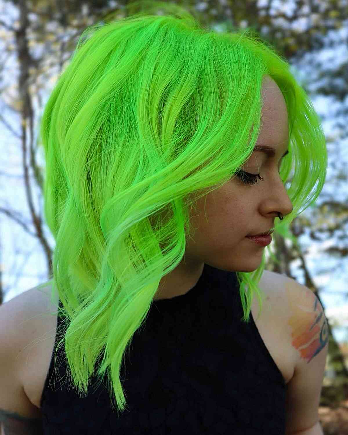 Electric Green Lime Hair Color for women with fine medium-length hair