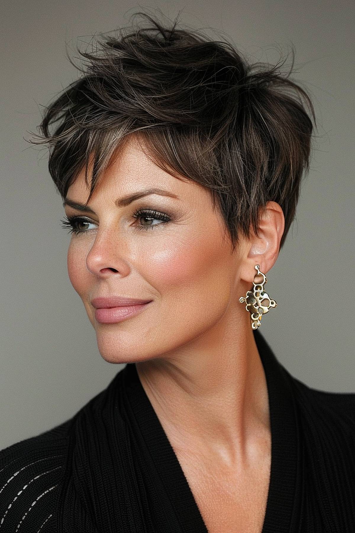 Perfect for women over 40, this elegantly angled pixie cut features sleek layers that create a sophisticated yet simple look.