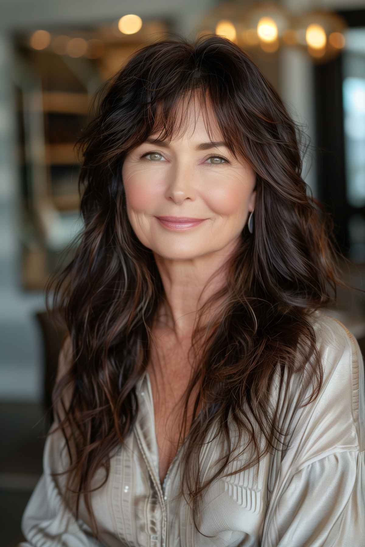 Woman over 50 with elegant bangs and long flowing layered hair