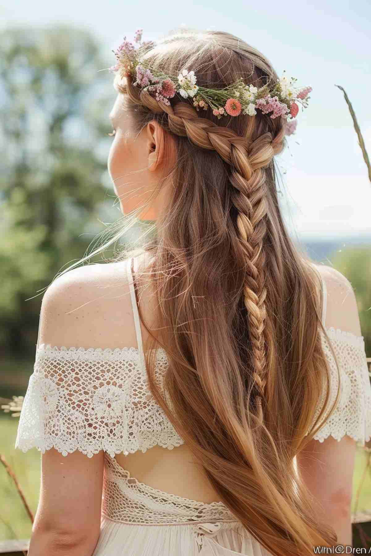 Long hair in an elegant boho braid with flowers, suitable for a wedding